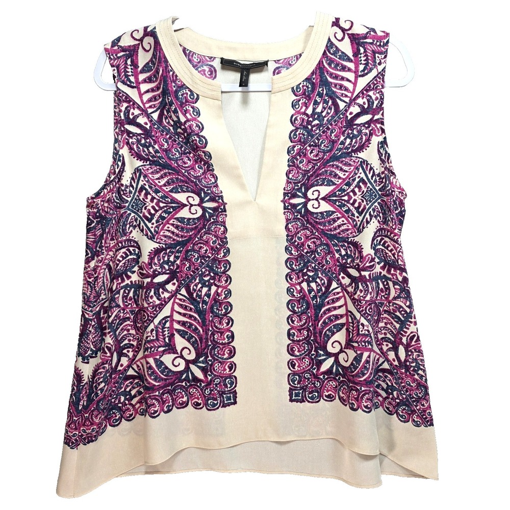 BCBG Maxazria Randi Tunic Top Blouse Womens S Asymmetrical Vneck Colorful Purple